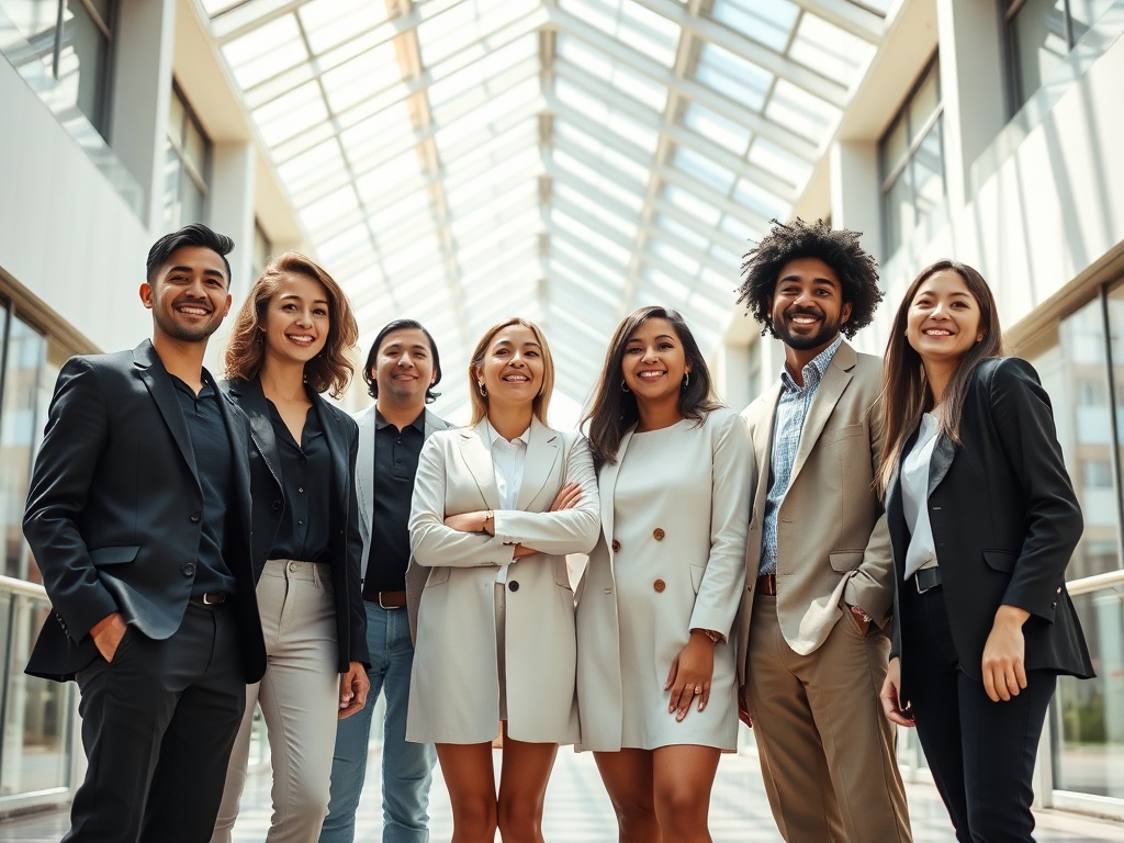 Seven diverse young professionals standing confidently in a sunlit atrium, natural light streaming through geometric glass ceiling, candid laughter, high fashion styling, photorealistic 8k