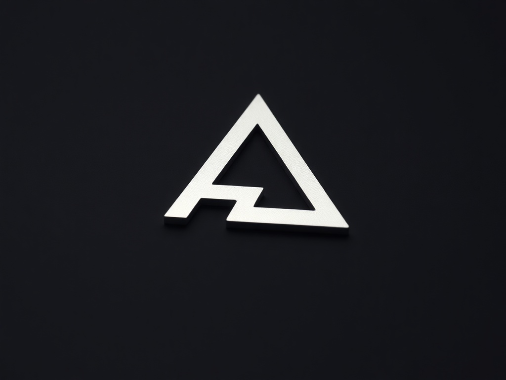 A minimalist geometric mark composed of two interlocking triangles forming a stylized 'P', polished silver texture, subtle reflection on a matte black surface, 8k